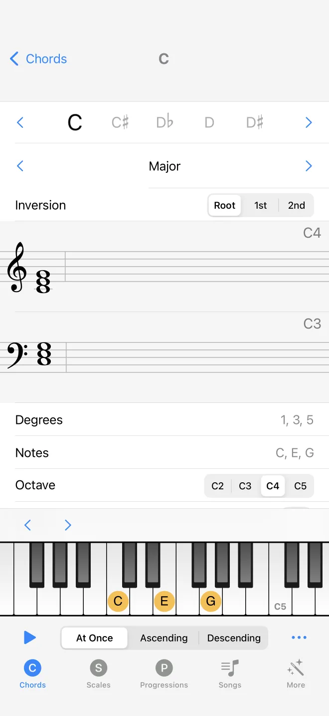 The chord detail screen with pickers for root and type, an inversion control, the staff, and the keyboard