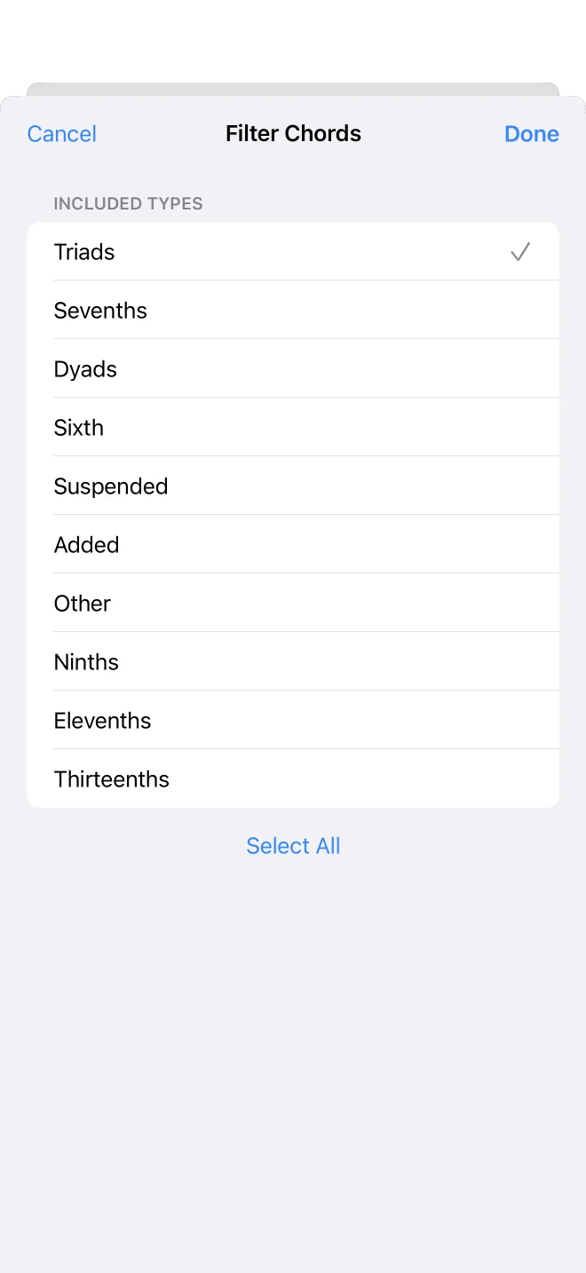 The chord filter sheet listing chord types to include or exclude