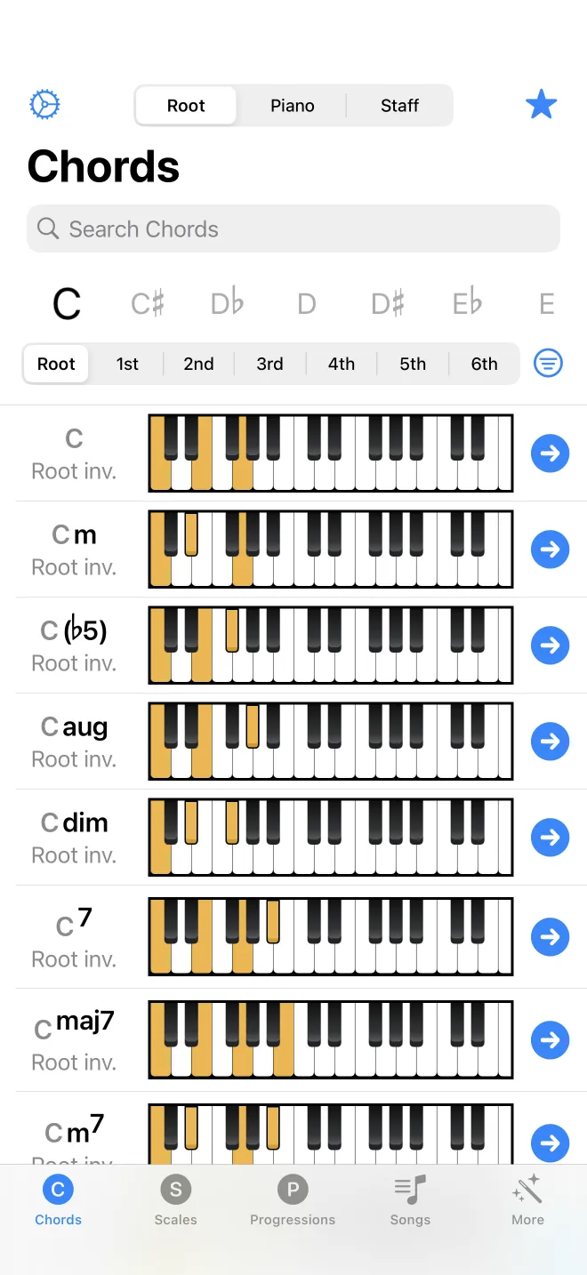 The chord list on the Chords tab, with the lookup mode control and chord rows