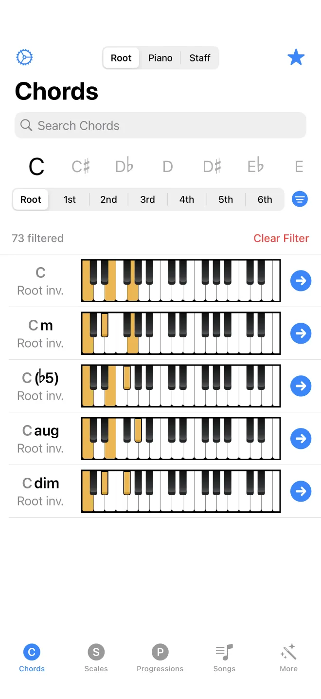 The chord list showing only triads, with a filtered count and a clear button