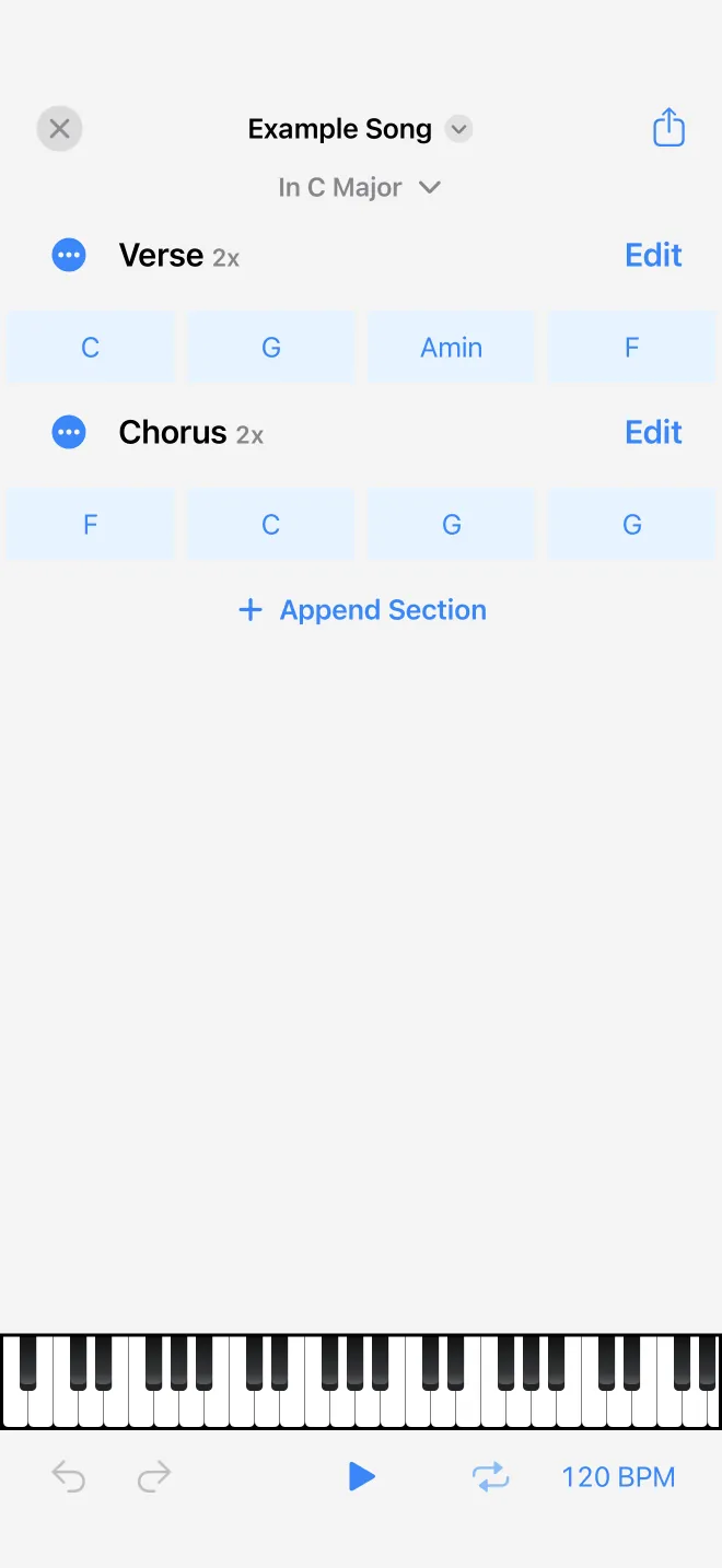 The song view showing sections, each with a header and chord tiles
