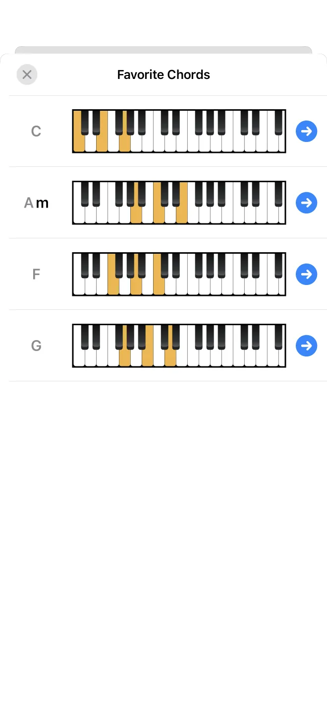 The favorites sheet with several saved chords