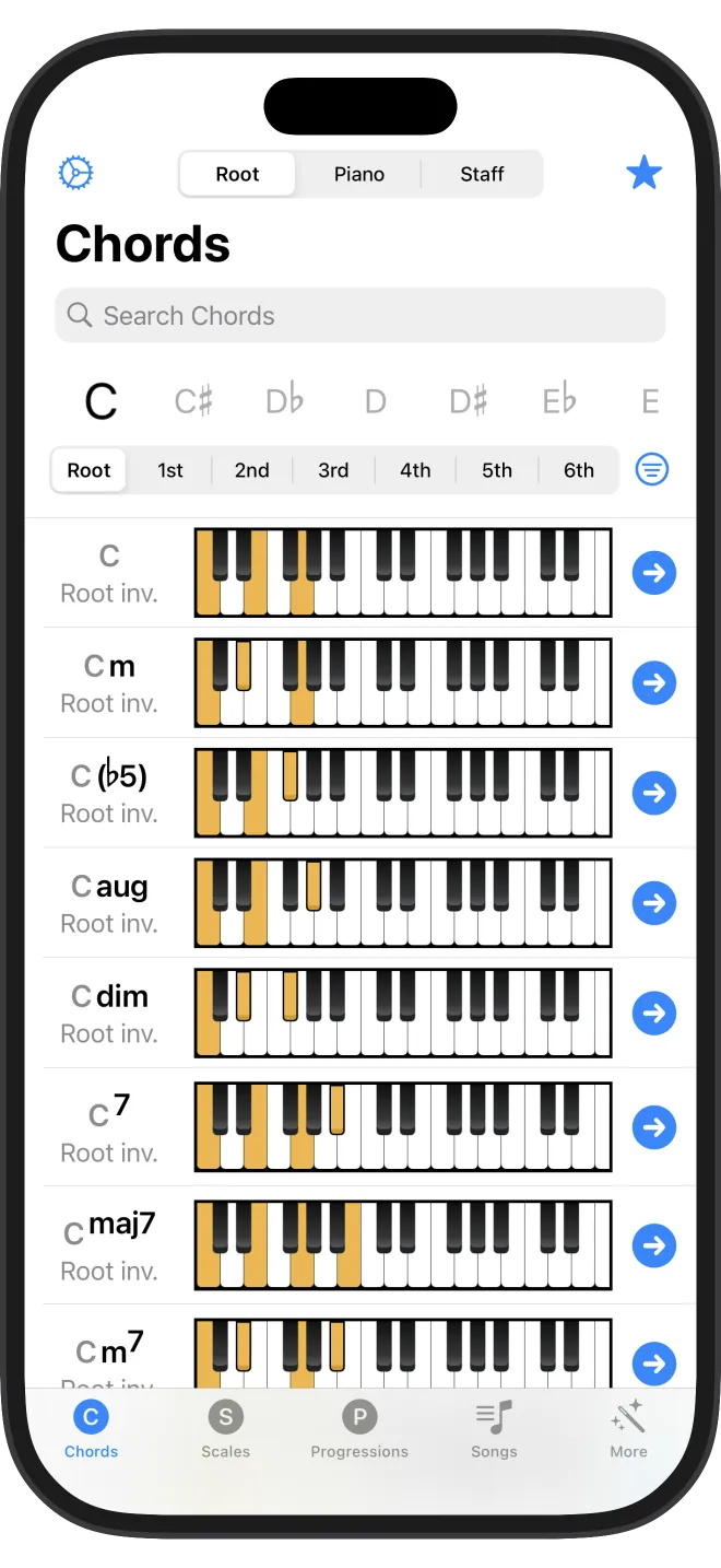 Piano Chords and Scales running on iPhone, showing chords by root and inversion