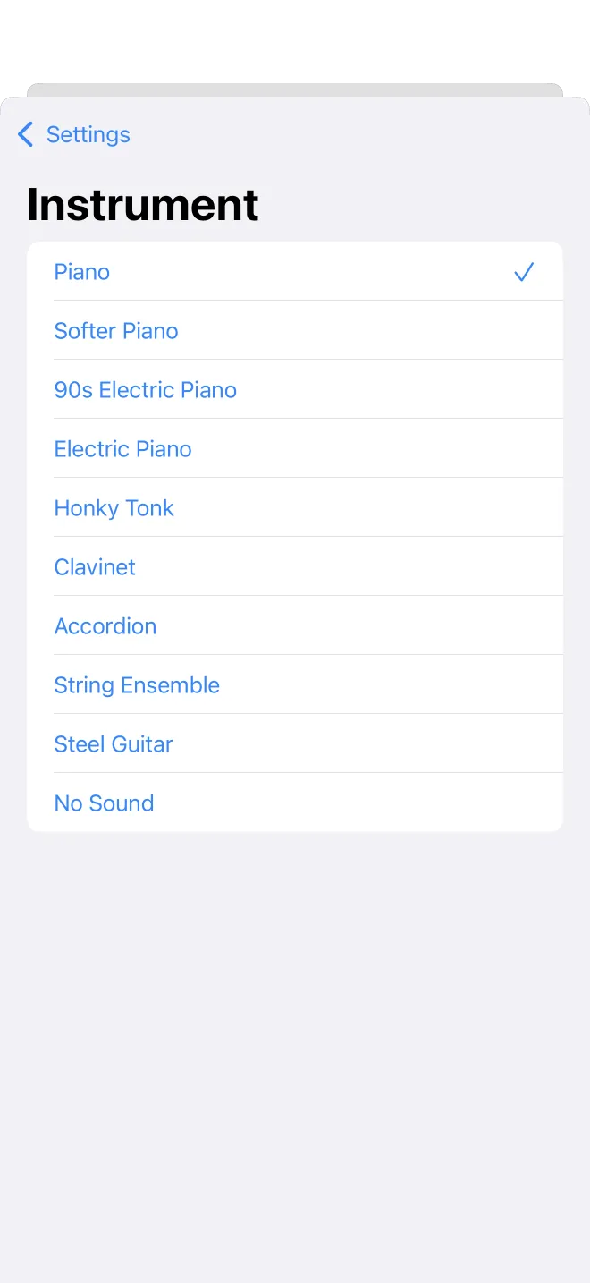 The instrument list in settings with the selected sound checked