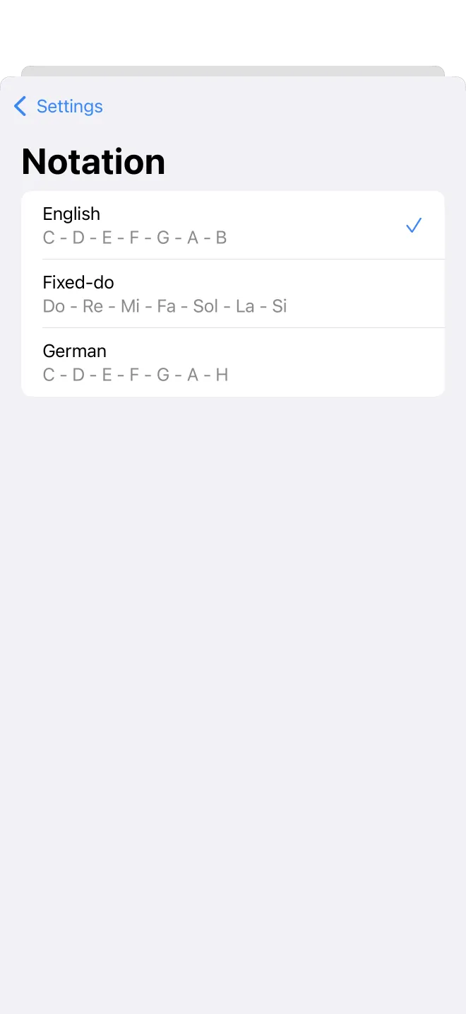 Die Notationsoptionen, jeweils mit einem Beispiel für ihre Notennamen