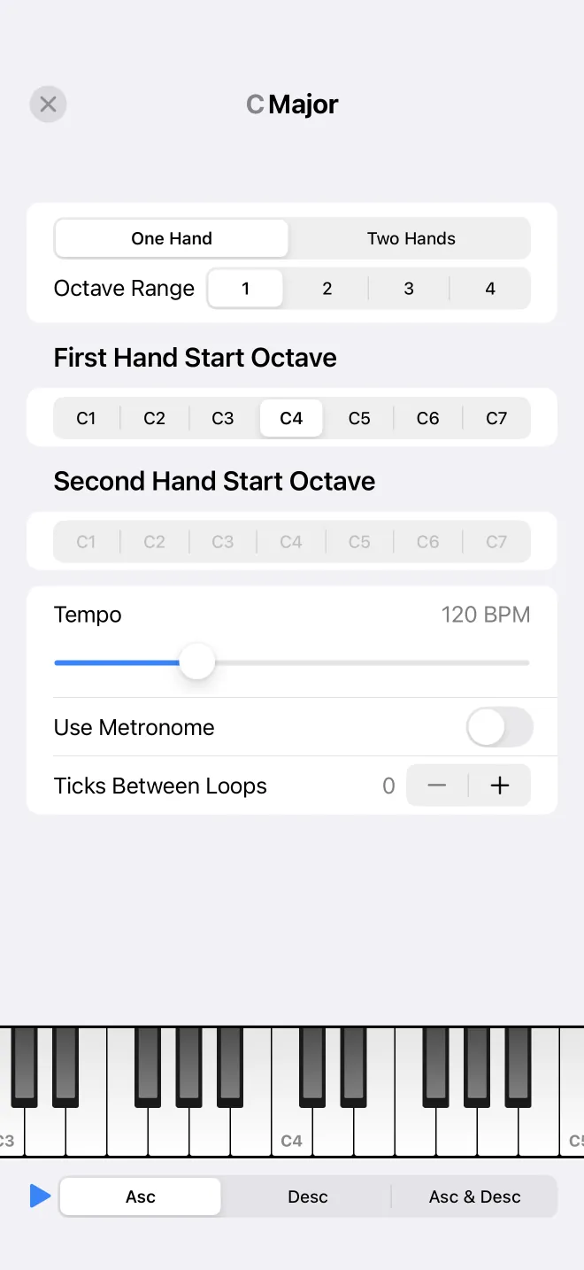 The scale practice screen with hand mode, octave range, and tempo controls