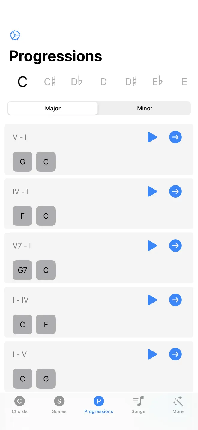 The progressions list with a root and major/minor selector and progression rows