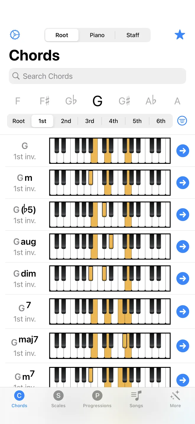 The root note picker set to G and the inversion control set to first inversion