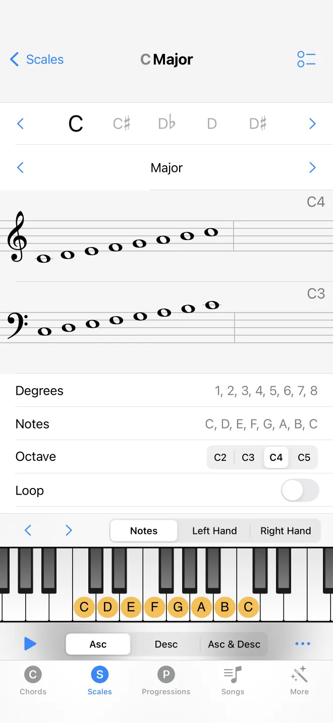 The scale detail screen with notes, staff, and a keyboard showing fingerings