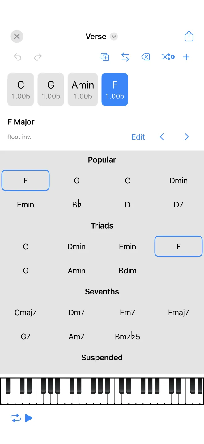 The section editor with the chord tiles, the selected chord, and a suggestions grid