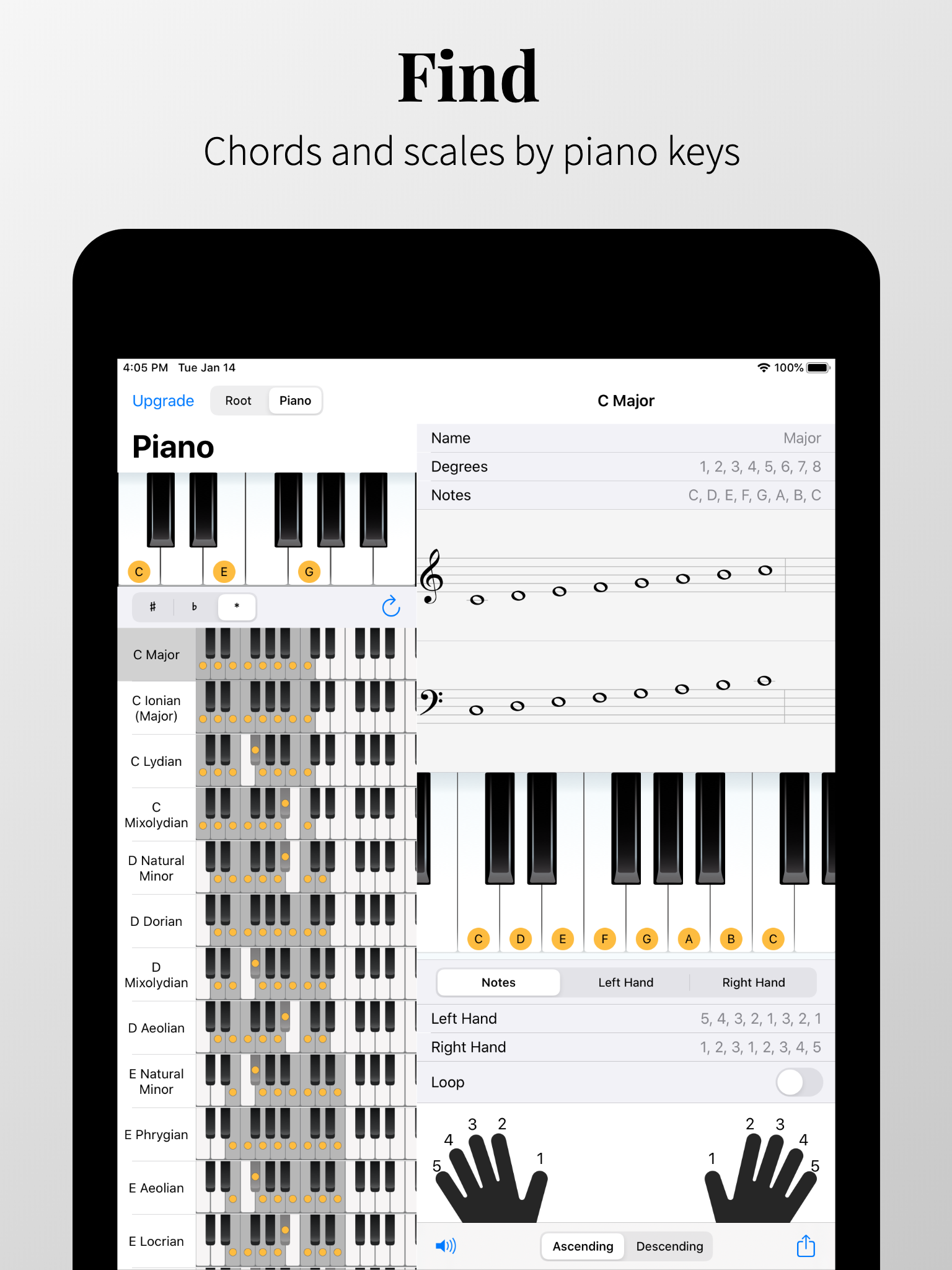 Piano Chords and Scales on iPad: chord detail